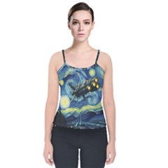 Spaceship Starry Night Van Gogh Painting Velvet Spaghetti Strap Top