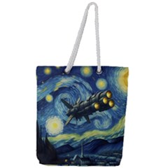 Spaceship Starry Night Van Gogh Painting Full Print Rope Handle Tote (large)