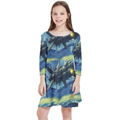 Spaceship Starry Night Van Gogh Painting Kids  Quarter Sleeve Skater Dress by Maspions