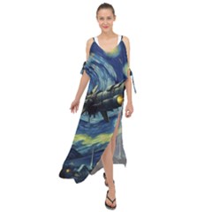 Spaceship Starry Night Van Gogh Painting Maxi Chiffon Cover Up Dress