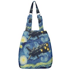 Spaceship Starry Night Van Gogh Painting Center Zip Backpack by Maspions