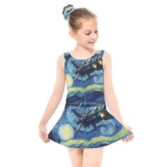 Spaceship Starry Night Van Gogh Painting Kids  Skater Dress Swimsuit by Maspions