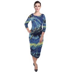 Spaceship Starry Night Van Gogh Painting Quarter Sleeve Midi Velour Bodycon Dress