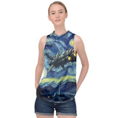 Spaceship Starry Night Van Gogh Painting High Neck Satin Top