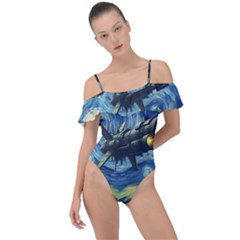 Spaceship Starry Night Van Gogh Painting Frill Detail One Piece Swimsuit