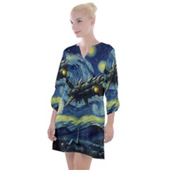 Spaceship Starry Night Van Gogh Painting Open Neck Shift Dress