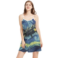 Spaceship Starry Night Van Gogh Painting Summer Frill Dress by Maspions