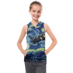 Spaceship Starry Night Van Gogh Painting Kids  Sleeveless Hoodie by Maspions