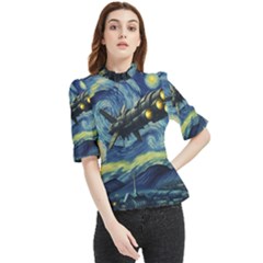 Spaceship Starry Night Van Gogh Painting Frill Neck Blouse