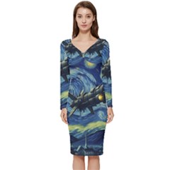 Spaceship Starry Night Van Gogh Painting Long Sleeve V-neck Bodycon Dress 