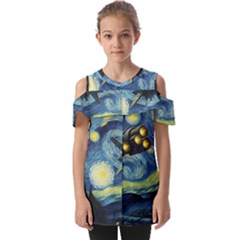 Spaceship Starry Night Van Gogh Painting Fold Over Open Sleeve Top