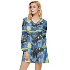 Spaceship Starry Night Van Gogh Painting Tiered Long Sleeve Mini Dress