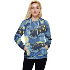 Spaceship Starry Night Van Gogh Painting Women s Lightweight Drawstring Hoodie