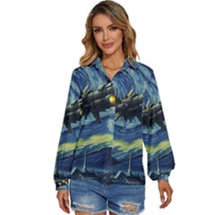 Spaceship Starry Night Van Gogh Painting Women s Long Sleeve Button Up Shirt