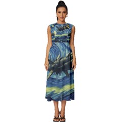 Spaceship Starry Night Van Gogh Painting Sleeveless Round Neck Midi Dress by Maspions