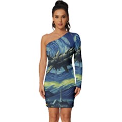 Spaceship Starry Night Van Gogh Painting Long Sleeve One Shoulder Mini Dress