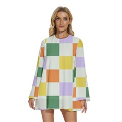 Board Pictures Chess Background Round Neck Long Sleeve Bohemian Style Chiffon Mini Dress