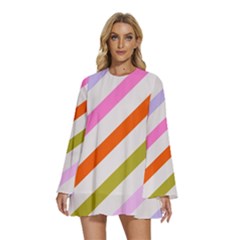 Lines Geometric Background Round Neck Long Sleeve Bohemian Style Chiffon Mini Dress