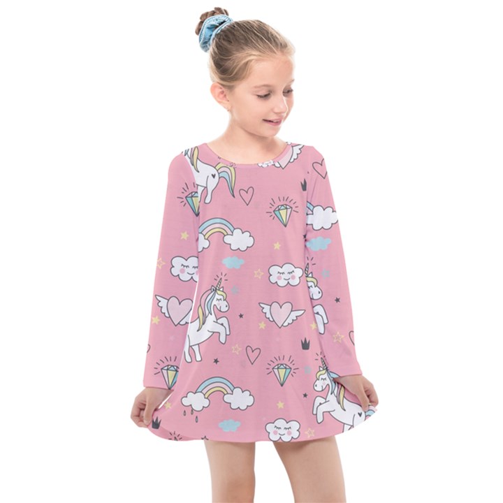 Cute Unicorn Seamless Pattern Kids  Long Sleeve Dress