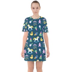 Cute Babies Toys Seamless Pattern Sixties Short Sleeve Mini Dress by Apen