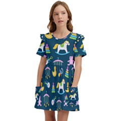 Cute Babies Toys Seamless Pattern Kids  Frilly Sleeves Pocket Dress by Apen