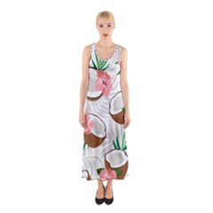 Seamless Pattern Coconut Piece Palm Leaves With Pink Hibiscus Sleeveless Maxi Dress by Apen