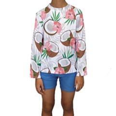 Seamless Pattern Coconut Piece Palm Leaves With Pink Hibiscus Kids  Long Sleeve Swimwear by Apen