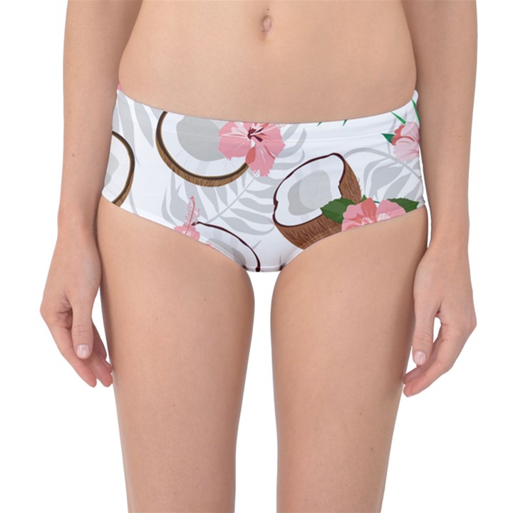 Seamless Pattern Coconut Piece Palm Leaves With Pink Hibiscus Mid-Waist Bikini Bottoms