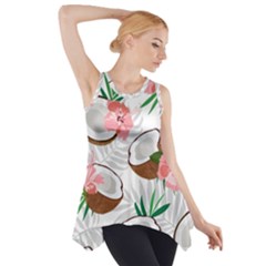 Seamless Pattern Coconut Piece Palm Leaves With Pink Hibiscus Side Drop Tank Tunic by Apen