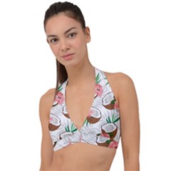 Seamless Pattern Coconut Piece Palm Leaves With Pink Hibiscus Halter Plunge Bikini Top by Apen