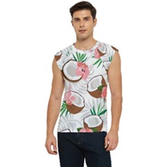 Seamless Pattern Coconut Piece Palm Leaves With Pink Hibiscus Men s Raglan Cap Sleeve T-shirt by Apen