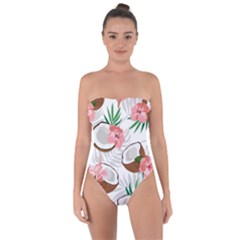 Seamless Pattern Coconut Piece Palm Leaves With Pink Hibiscus Tie Back One Piece Swimsuit by Apen