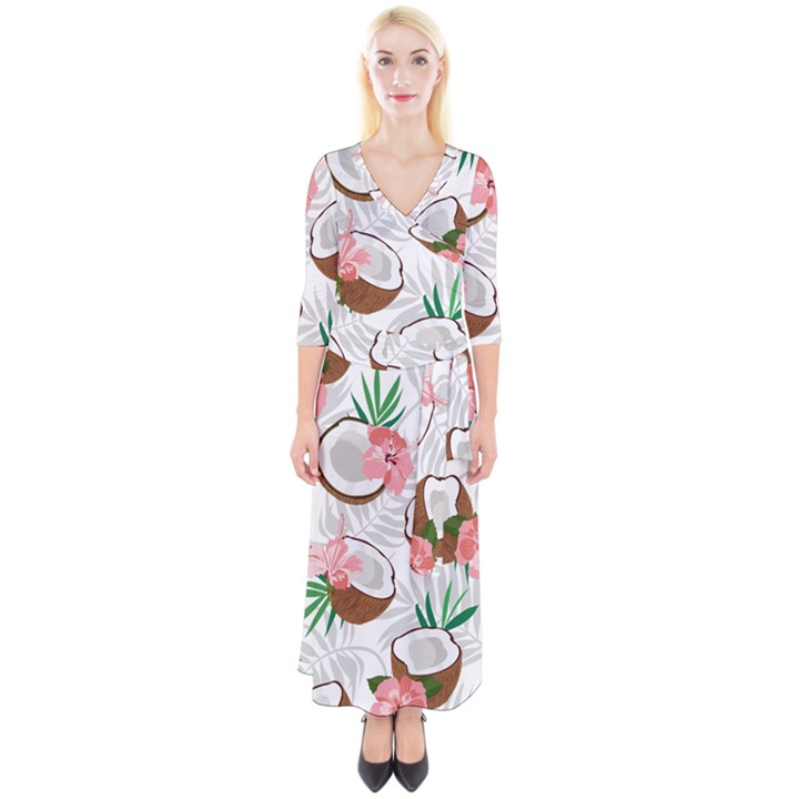 Seamless Pattern Coconut Piece Palm Leaves With Pink Hibiscus Quarter Sleeve Wrap Maxi Dress