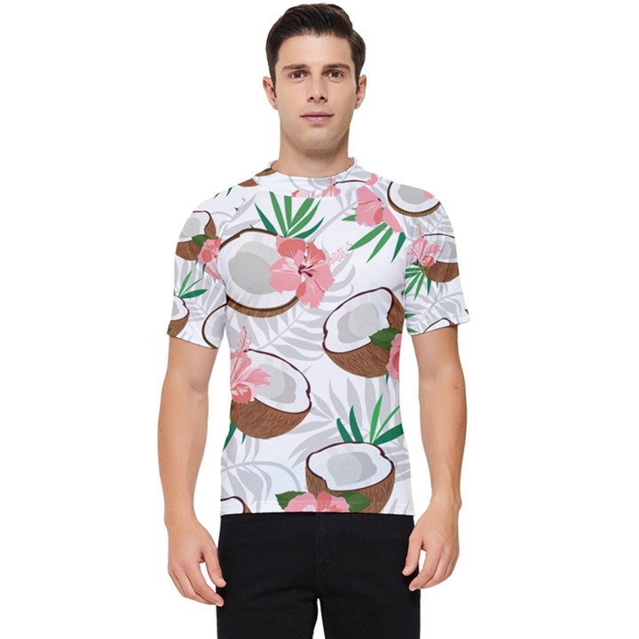 Seamless Pattern Coconut Piece Palm Leaves With Pink Hibiscus Men s Short Sleeve Rash Guard