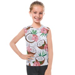 Seamless Pattern Coconut Piece Palm Leaves With Pink Hibiscus Kids  Mesh Tank Top by Apen