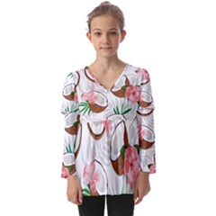 Seamless Pattern Coconut Piece Palm Leaves With Pink Hibiscus Kids  V Neck Casual Top by Apen