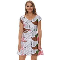 Seamless Pattern Coconut Piece Palm Leaves With Pink Hibiscus Short Sleeve Tiered Mini Dress by Apen