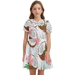 Seamless Pattern Coconut Piece Palm Leaves With Pink Hibiscus Kids  Bow Tie Puff Sleeve Dress by Apen