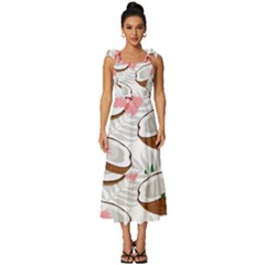 Seamless Pattern Coconut Piece Palm Leaves With Pink Hibiscus Tie-strap Tiered Midi Chiffon Dress by Apen