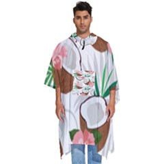 Seamless Pattern Coconut Piece Palm Leaves With Pink Hibiscus Men s Hooded Rain Ponchos by Apen