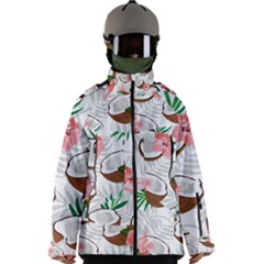 Seamless Pattern Coconut Piece Palm Leaves With Pink Hibiscus Men s Zip Ski And Snowboard Waterproof Breathable Jacket by Apen