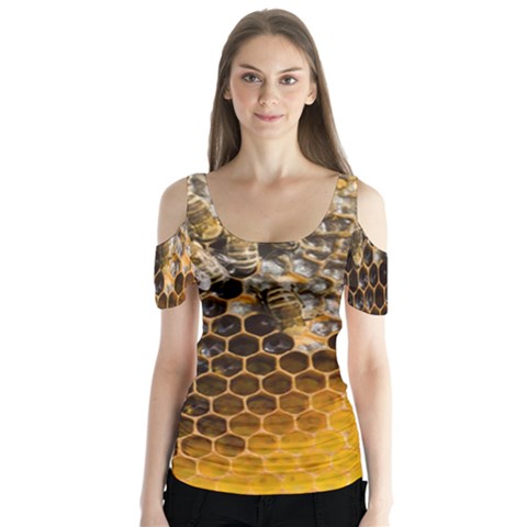 Honeycomb With Bees Butterfly Sleeve Cutout T-shirt  by Apen