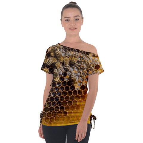 Honeycomb With Bees Off Shoulder Tie-up T-shirt by Apen