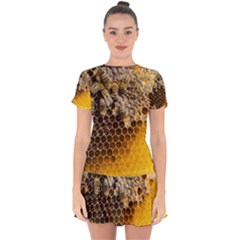 Honeycomb With Bees Drop Hem Mini Chiffon Dress by Apen