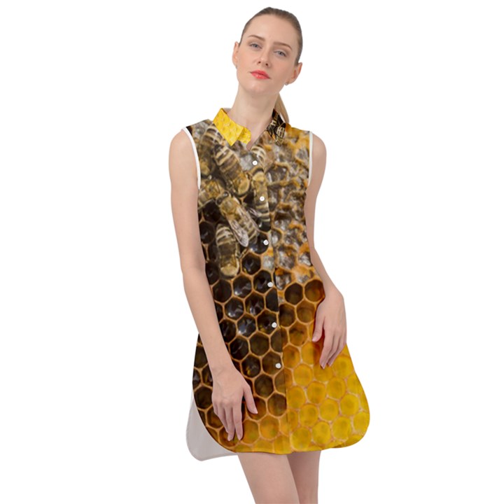 Honeycomb With Bees Sleeveless Shirt Dress