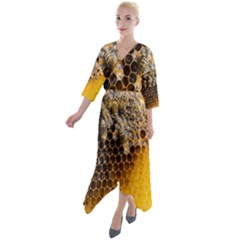 Honeycomb With Bees Quarter Sleeve Wrap Front Maxi Dress by Apen