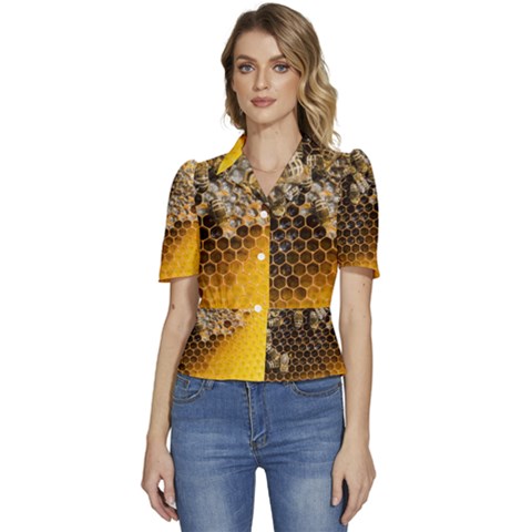 Honeycomb With Bees Puffed Short Sleeve Button Up Jacket by Apen