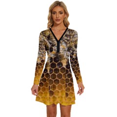 Honeycomb With Bees Long Sleeve Deep V Mini Dress  by Apen