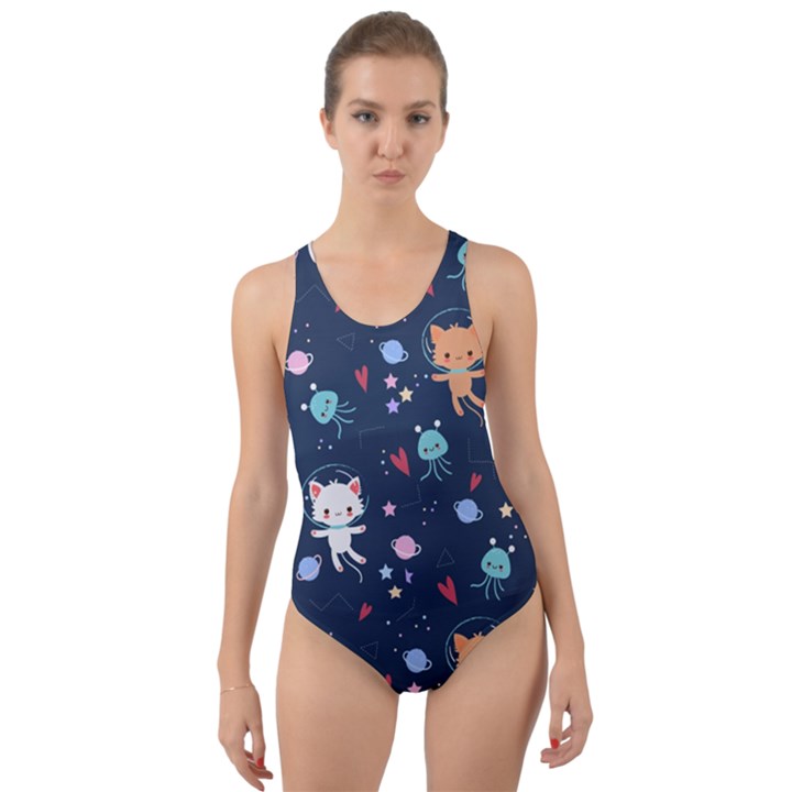 Cute Astronaut Cat With Star Galaxy Elements Seamless Pattern Cut-Out Back One Piece Swimsuit