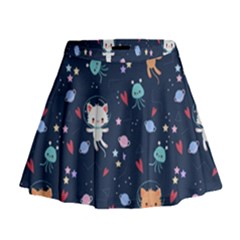 Cute Astronaut Cat With Star Galaxy Elements Seamless Pattern Mini Flare Skirt by Apen